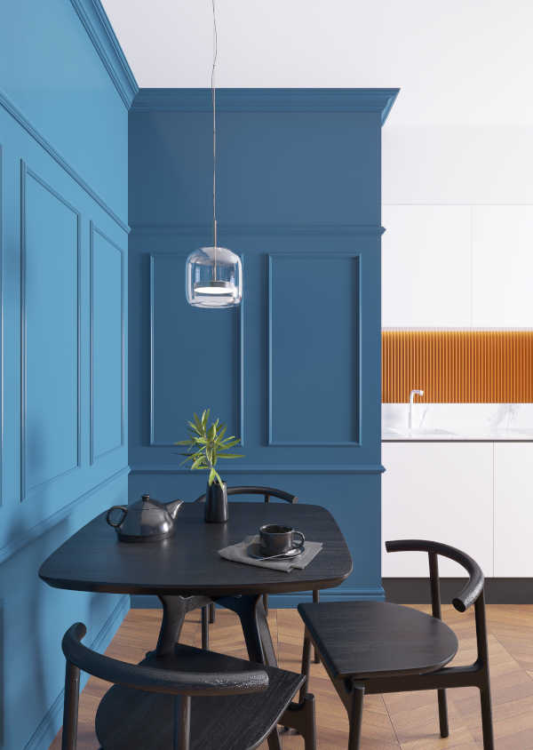 Orac Decor sztukateria w niebieskiej kuchni – listwy dekoracyjne Warszawa Orac Decor dekoracyjne listwy w niebieskiej kuchni – sztukateria do kuchni i jadalni, Warszawa