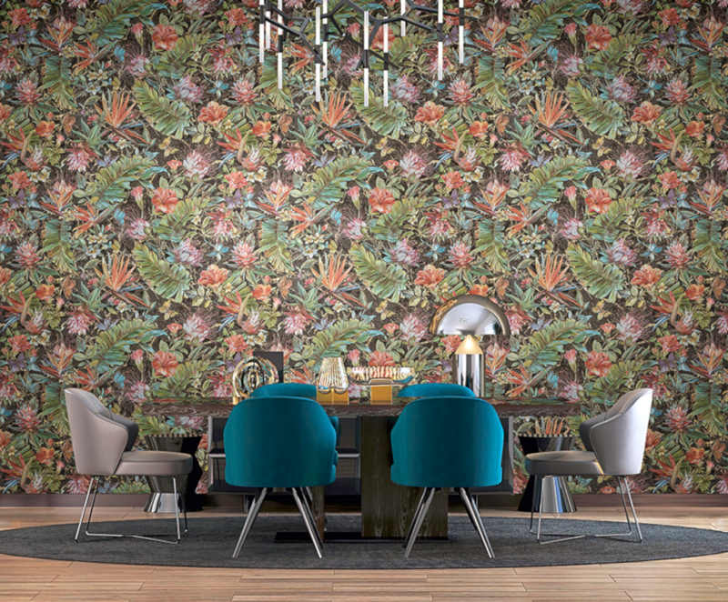 Modern dining room design of wallpaper and black marble decorati Modern dining room design of wallpaper and black marble decorati