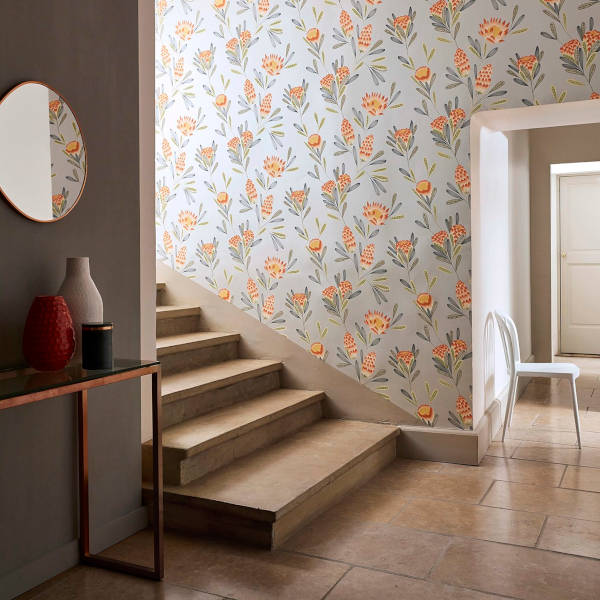 1-wallpaper-floral-grey-red-staircase-cayo-zapara-harlequin-style-library